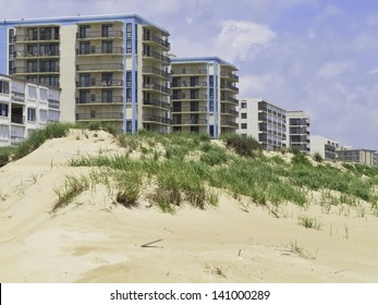 Coastal Landscape: Row Of High-rises With Ocean Views By Dune Along Beach In Ocean City, Maryland