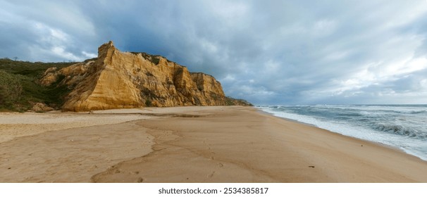 coastal landscape with a sandy beach stretching along the shoreline. The left side of the image showcases tall, golden cliffs with distinct layers of rock formations, creating a dramatic backdrop - Powered by Shutterstock