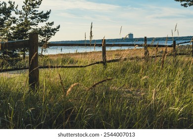 A coastal path bordered by a wooden fence runs alongside a grassy shoreline, offering a peaceful and scenic view of the ocean under a bright blue sky - Powered by Shutterstock