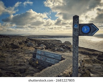 Coastal Path Signpost Overlooking Dramatic Welsh Coastline