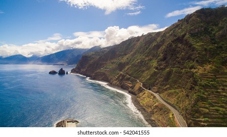 Coastal Road With Steep Coast And Beautiful Blue Ocean  Sky, Faial, Madeira, Portugal