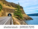 Coastal Road Tunnel and Rocky Cliffs Eye-Level Perspective