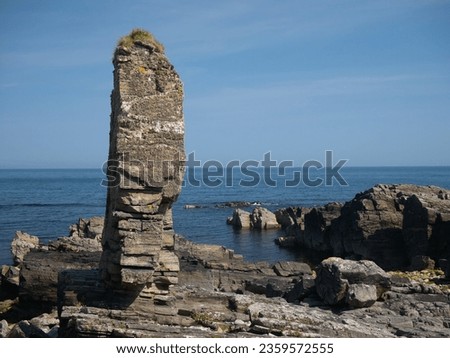 A coastal rock stack near Knockaird on the north coast of the Isle of Lewis in the Outer Hebrides, Scotland, UK. Taken on a calm, clear day in summer with a blue sky. Rock strata shows in the stack.