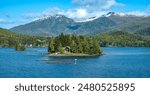 Coastal scenery with mountain peeks, rain forests, islands and fishing huts in Ketchikan, Alaska, USA