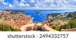 Coastal summer landscape, panorama from the fortress - top view of the town of Hvar, on the island of Hvar, the Adriatic coast of Croatia