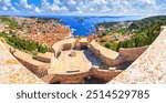 Coastal summer landscape, panorama from the fortress - top view of the town of Hvar, on the island of Hvar, the Adriatic coast of Croatia