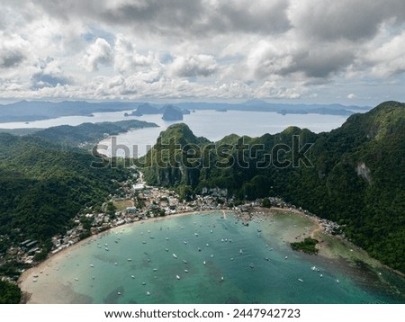 Similar – Image, Stock Photo Palawan, Philippines aerial drone view of turquoise lagoon and limestone cliffs. El Nido Marine Reserve Park