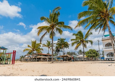 coastal town with sandy beach and palm trees on a sunny day, in Isabela, Galapagos, Ecuador - Powered by Shutterstock