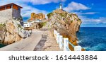 Coastal towns of Spain.Castro Urdiales.Cantabria.
.Church and light house in scenery village,scenic seascape.tourism in Spain