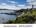 Coastal view out to Plymouth Sound from Plymouth Hoe in Devon, England, UK