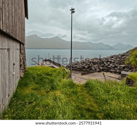 Image, Stock Photo Wooden boathouses built on the Mecklenburg Lake District on the banks of the Müritz River