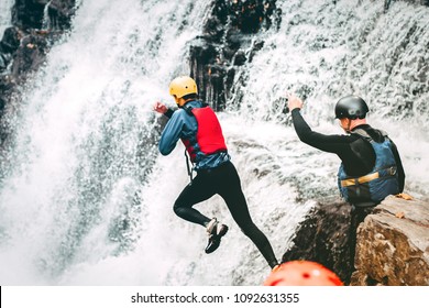 Coasteering - cliff, waterfall jumping in Brecon Beacons Wales, UK - Powered by Shutterstock