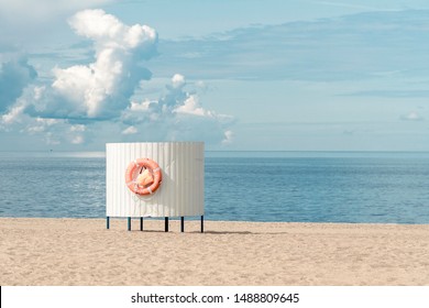 Coastline And Cabana On The Sea Translation On The Lifebuoy: «The Laskovy Beach. Throw To The Drowning Man.»