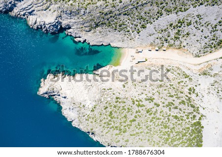 Coastline on Adriatic sea in Croatia, beautiful secret beach among stone cliffs near town of Vrsi, aerial overhead view Stock photo © 