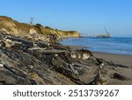 Coastline scenery at Tar Pits Park, Carpinteria, California includes tar covered rocks and driftwood scattered along the shore. A pier stretches into the sea, set against a backdrop of coastal cliffs