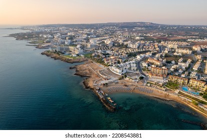 Coastline Of Touristic Village Of Pernera, Protaras Cyprus.  Drone Aerial Scenery  Of Holiday Resort