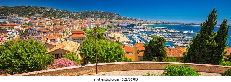 Coastline View On French Riviera With Yachts In Cannes City Center, French, Europe. 