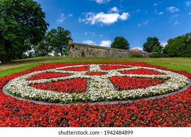 The coat of arms of Erfurt, Thuringia, as a flower bed. Erfurt will host the Bundesgartenschau (BUGA) 2021 