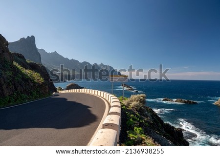 Coatal road near Playa del Roque de las Bodegas and blue Atlantic ocean, Anaga national park near Tanagana village,  North of Tenerife, Canary islands, Spain in winter