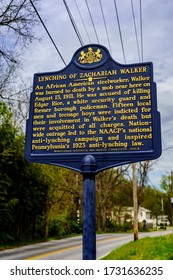 Coatesville, PA / USA - May 3, 2020: A Pennsylvania Historic Marker Noting The Lynching Of  Zachariah Walker, Black Steel Worker Who Was Dragged From A Hospital And Thrown In A Raging Steel Mill Fire.