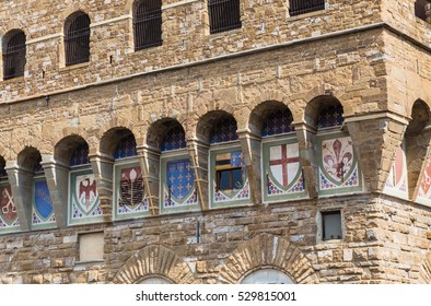 Coats of arms  and communities on the facade of the Palazzo Vecchio. Florence.Italy