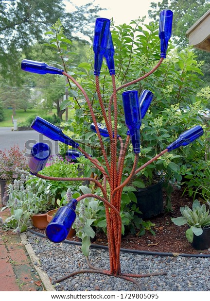 Cobalt Blue Glass Bottles On Handmade Stock Photo 1729805095 