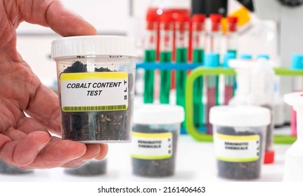 Cobalt. Cobalt content in soil sample in plastic container. Study of agricultural soil in a chemical laboratory - Shutterstock ID 2161406463