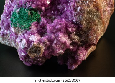 Cobalto Calcite With Malachite Crystal Macro On A Black Surface