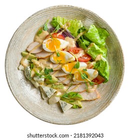 Cobb Salad With Chicken, Egg And Blue Cheese On A Plate Isolated On White Background Top View