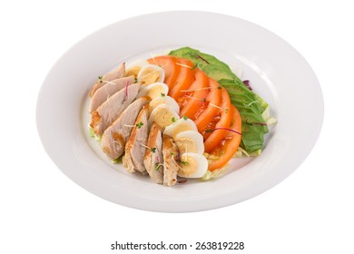 Cobb Salad With Chicken And Eggs Isolated On White Background