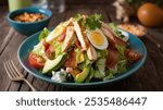 Cobb Salad: A hearty salad with crisp lettuce, bacon, avocado, blue cheese, tomatoes, hard-boiled eggs, and grilled chicken, tossed with vinaigrette