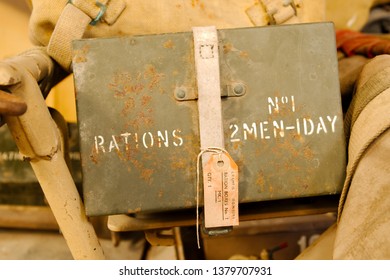 Cobbaton, Devon, UK - 20th April 2019: A World War 2 Era Two Man Ration Pack Strapped On An Armoured Vehicle