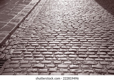 Cobbled Street Of Temple Bar, Dublin, Ireland In Black And White Sepia Tone