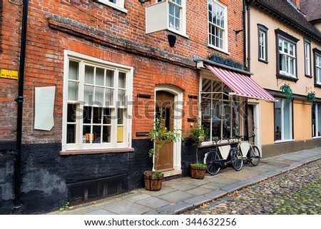 Cobbled streets and shops at Norwich in Norfolk