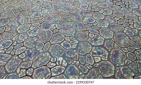 cobblestone floor pattern of medieval epic fantasy square with blue tone for colorful fairy tale - horizontal background surface with flat stones top view