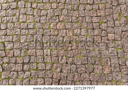 Cobblestone road close-up. Brown pattern. Texture, background, wallpaper. Travel, tourism, walking, cycling. Details of urban and landscaping design. Panoramic view
