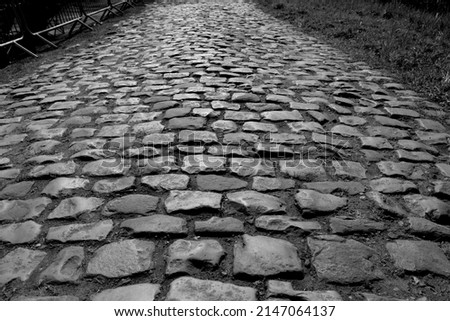 The cobblestone sector of Arenberg Forest in Paris–Roubaix which  is famous its for rough terrain. It is also known as the Hell of the North.  Foto stock © 