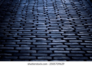 Cobblestone street on “Montmartre Place du Tertre “in Paris, France. Dark historic basalt blocks reflecting blue sky in a shady area. Old pavement pattern background with typical surface and structure - Powered by Shutterstock