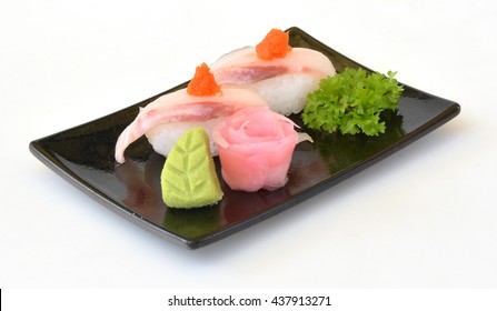 Cobia Sushi On Black Plate