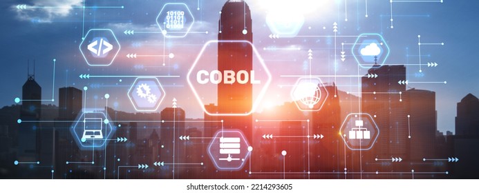 Cobol. Common Business Oriented Language. Computer Programming Language Designed For Business Use. City Background