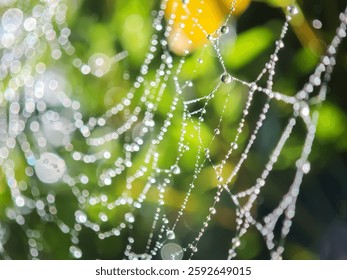 Cobweb or spiderweb natural rain pattern background close-up. Cobweb with drops of rain pattern in available light. Cobweb net texture with morning rain bokeh. Partial blur view lines spider web