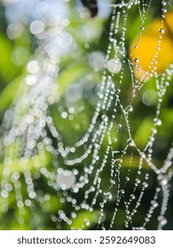 Cobweb or spiderweb natural rain pattern background close-up. Cobweb with drops of rain pattern in available light. Cobweb net texture with morning rain bokeh. Partial blur view lines spider web neckl