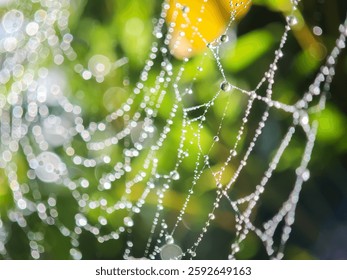 Cobweb or spiderweb natural rain pattern background close-up. Cobweb with drops of rain pattern in available light. Cobweb net texture with morning rain bokeh. Partial blur view lines spider web.