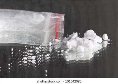 Cocaine Powder Pile  And Packet On Mirror