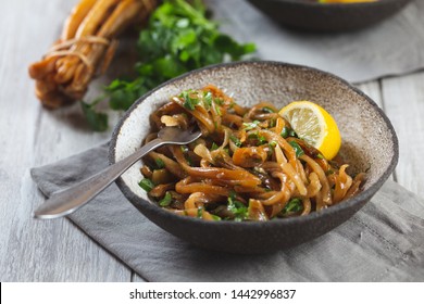 COCHAYUYO Spaghetti. Ceviche Salad Fron Pacific Seaweed Cochayuyo Cut Us Spaghetti.