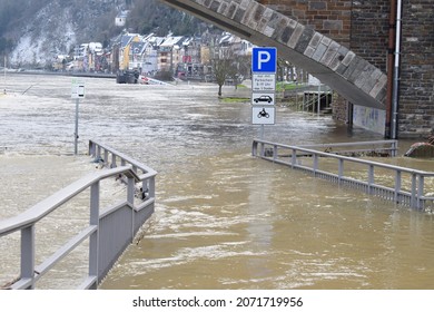 Cochem, Germany - 02 21 2021: Mosel flood in winter 2021 with parking area under water