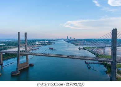 The Cochrane Bridge On Mobile River At Sunset