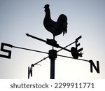 a cockerel weathervane shown in silhouette against a pale blue-grey sky