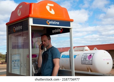 Cocklebiddy, Australia - May 7, 2022: Operational Telstra telephone booth