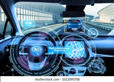 Cockpit Of Autonomous Car And AI(Artificial Intelligence). Driverless Car. Self Driving Vehicle. UGV.